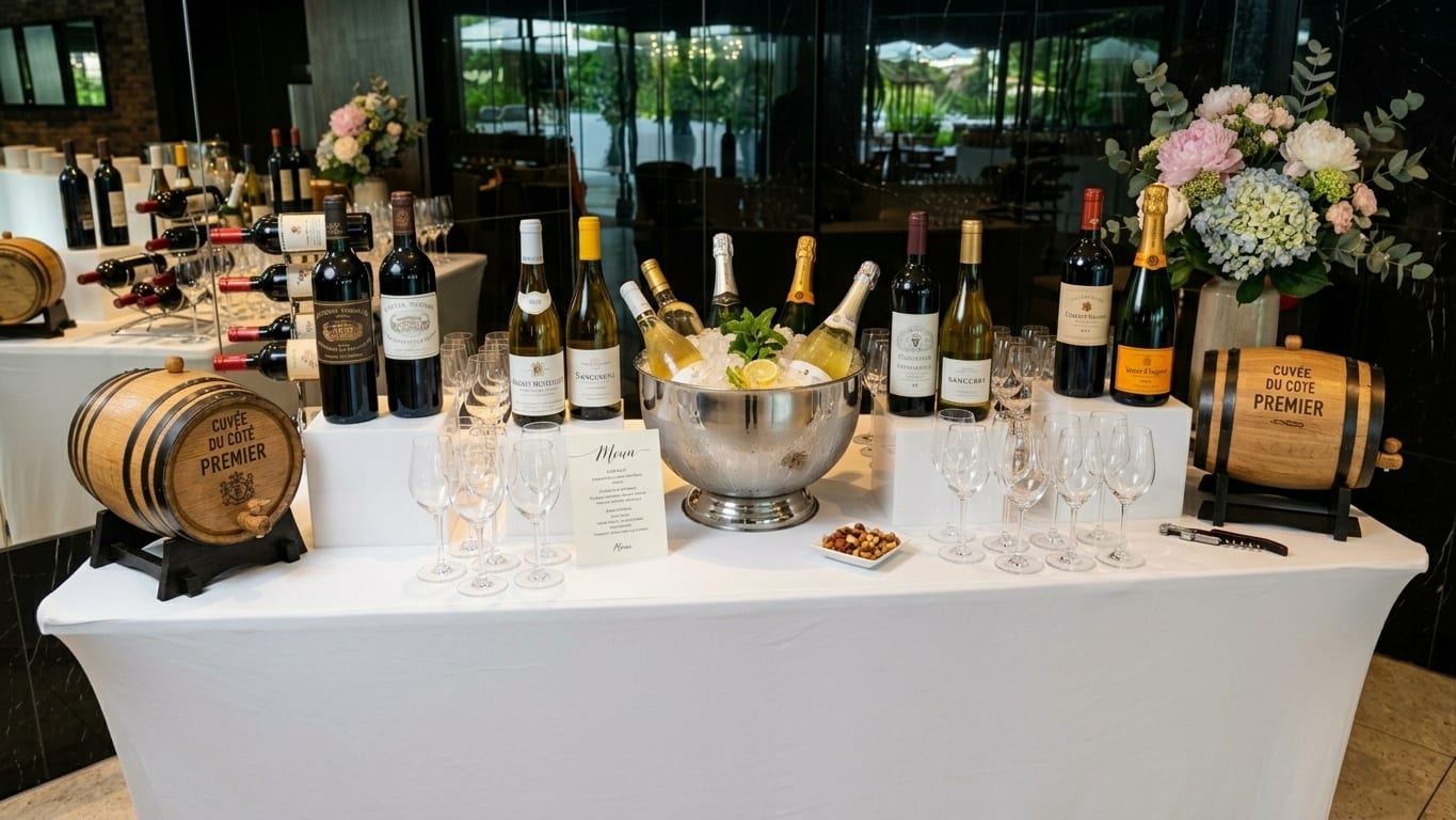 Bar à vin : rouges, blancs et champagnes autour d'un seau à glace, entre deux tonnelets
