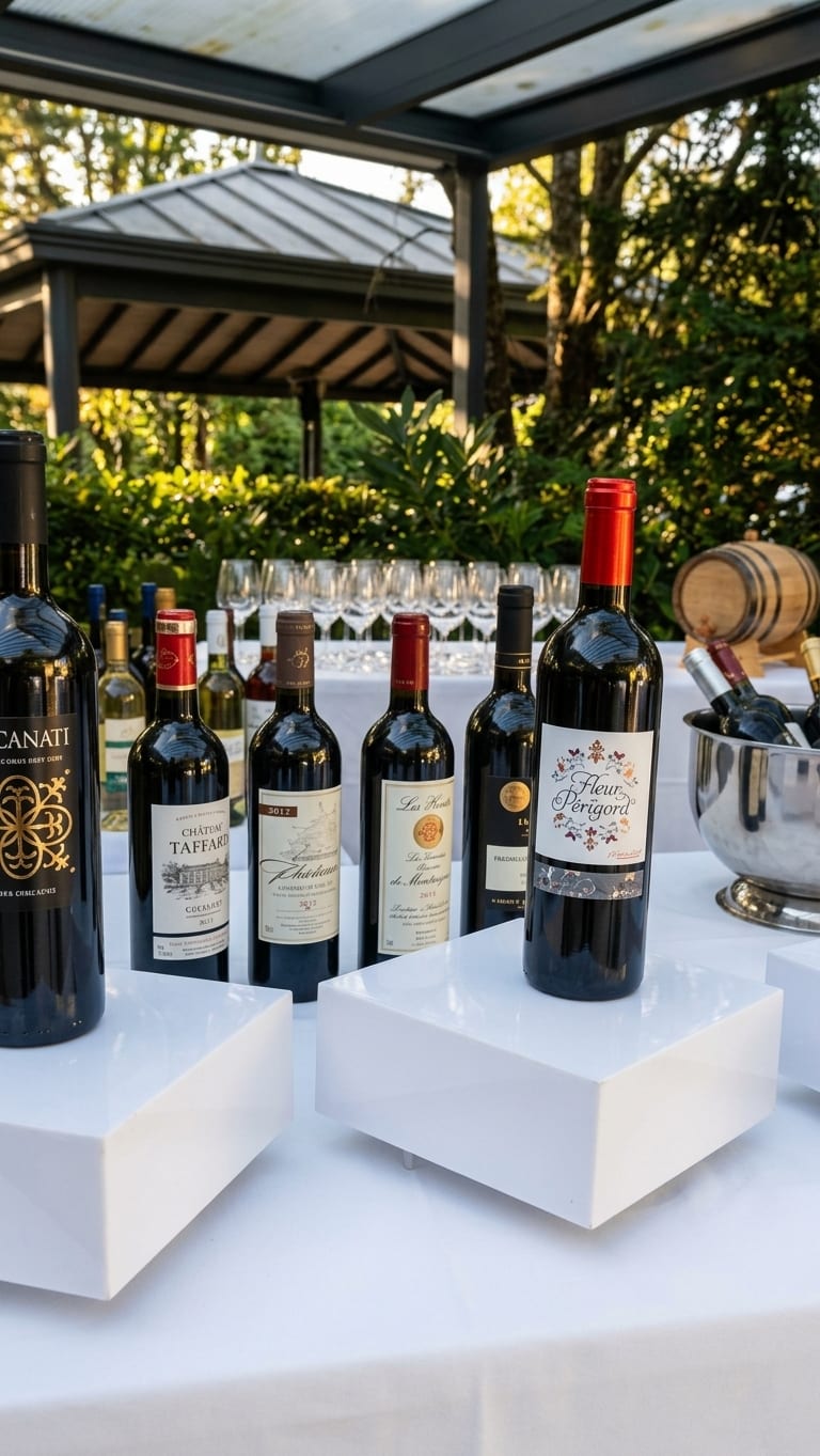 Bouteilles de vin rouge en dégustation sur des socles blancs, au jardin