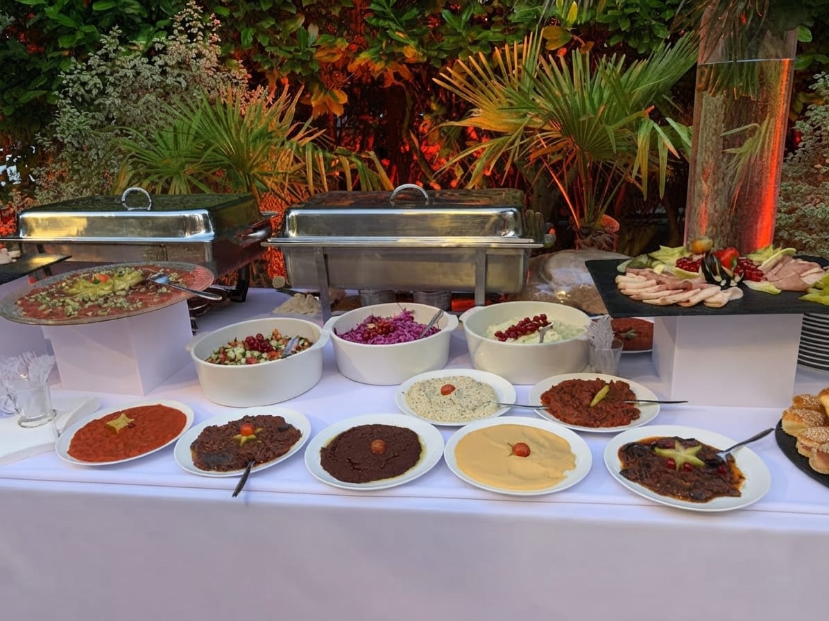 Buffet israélien dressé au jardin : houmous, salades et sauces en coupelles, devant deux chafing-dishes