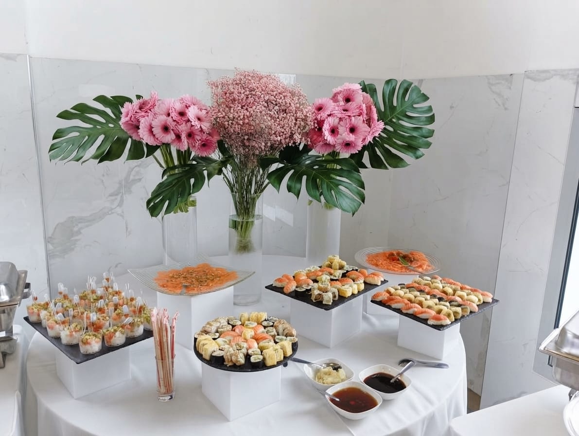 Buffet japonais : sushis, makis et sashimis sur présentoirs blancs, gerberas roses, gypsophile et feuilles de monstera