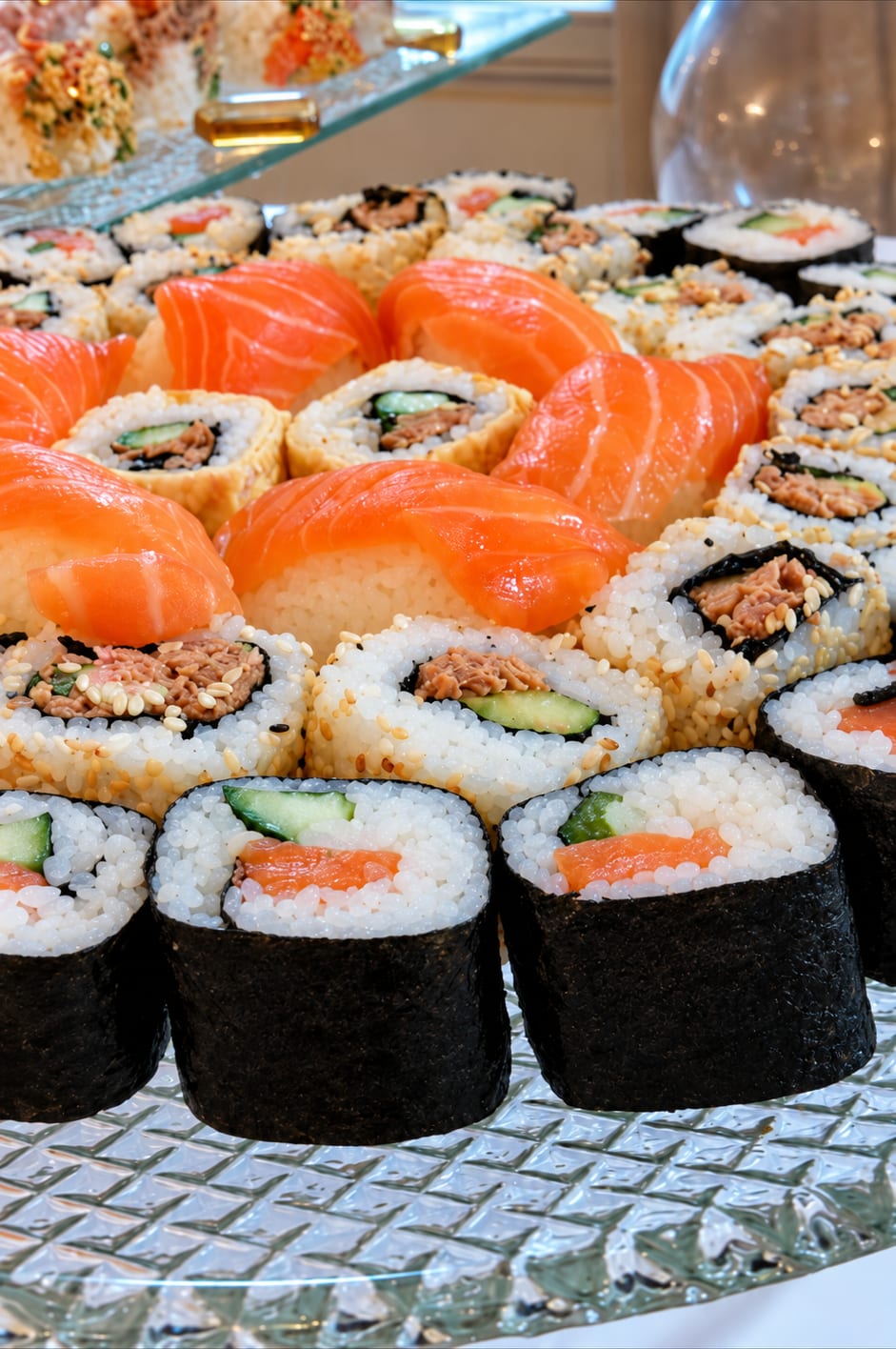 Sushis au saumon, makis et california sur un plat de verre ciselé