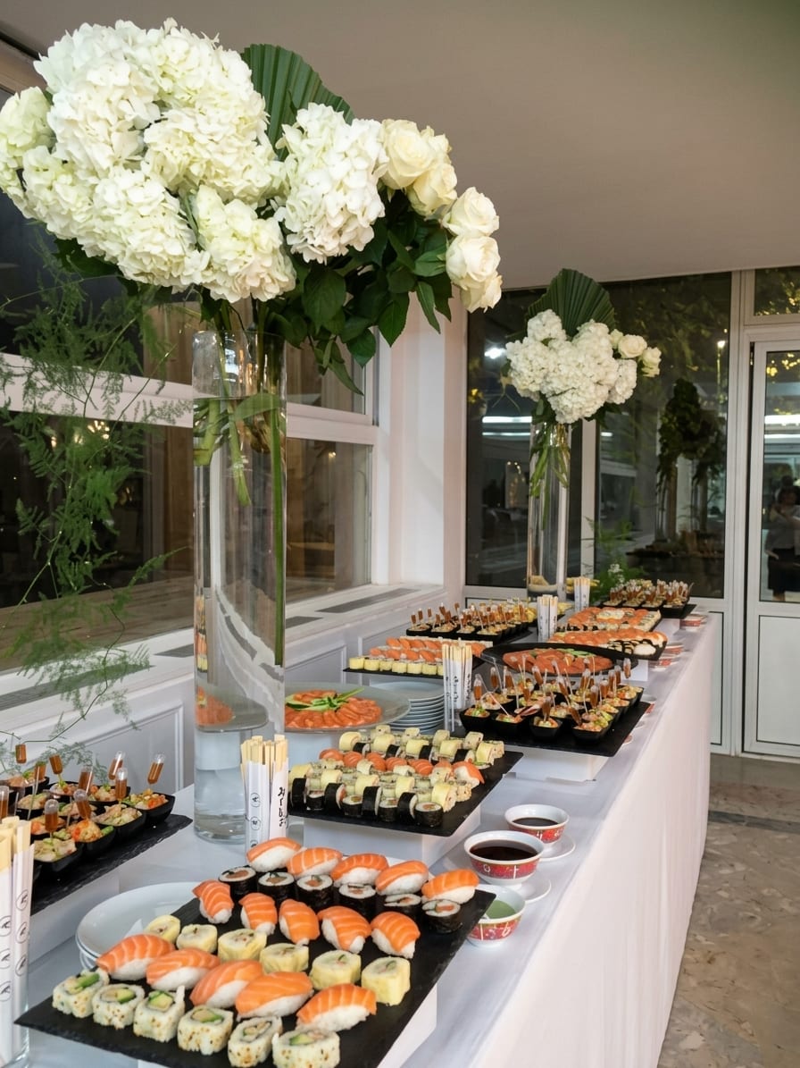 Long buffet japonais dressé sous une véranda, entre des bouquets d'hortensias blancs