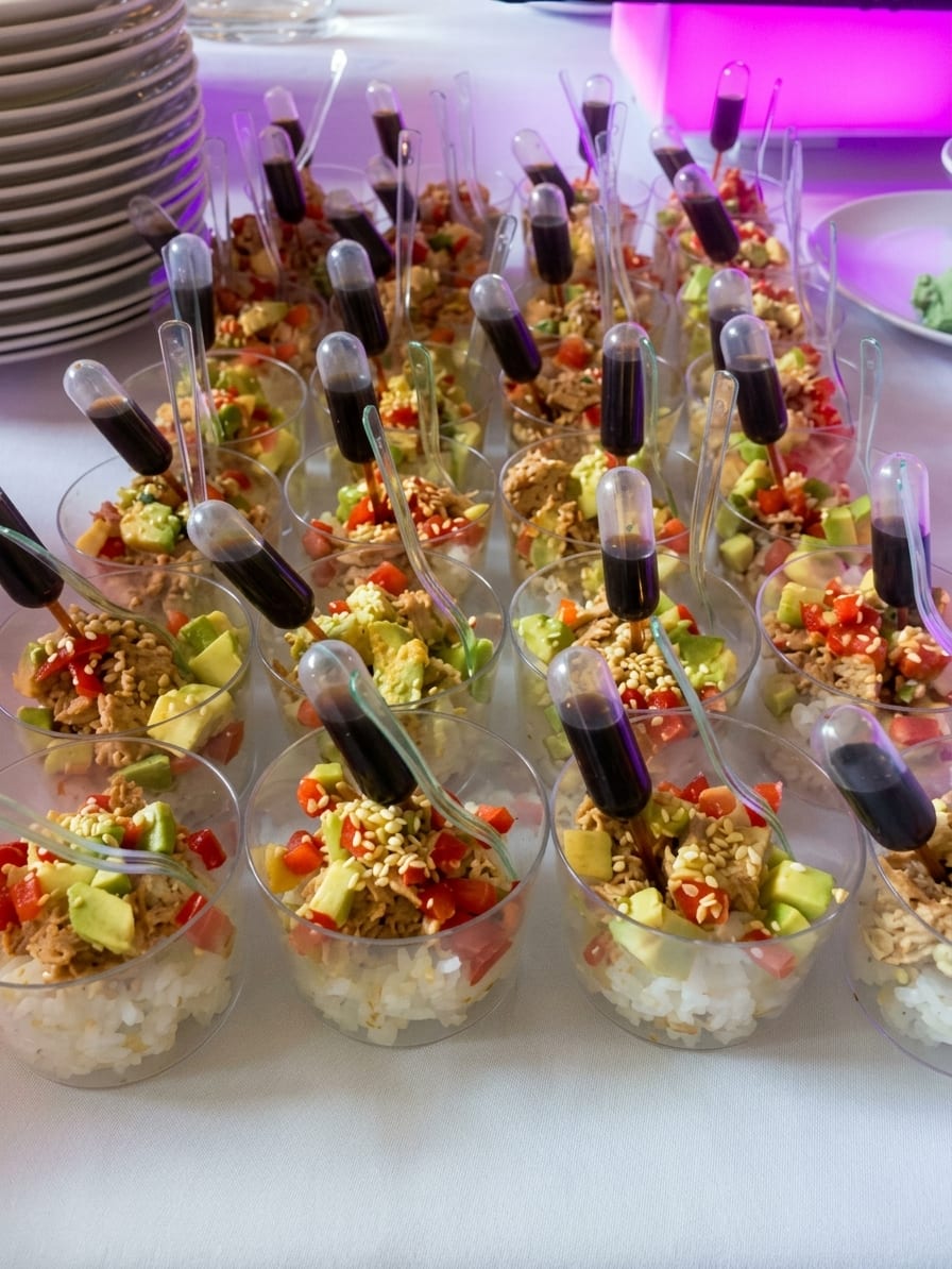 Verrines de riz tartare et leurs pipettes de sauce soja