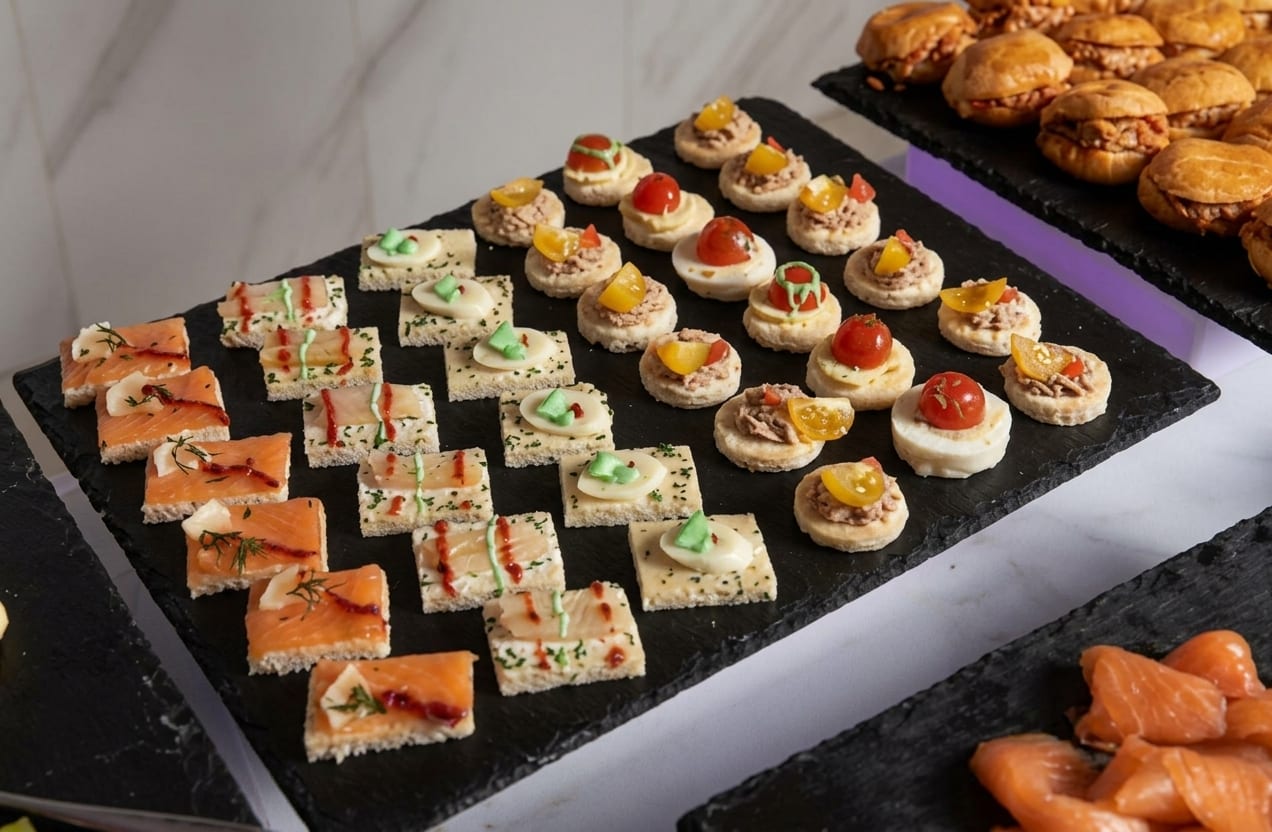 Canapés froids au saumon fumé, à l'œuf et à la mousse de thon sur une ardoise