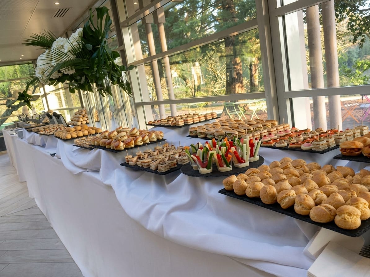 Long buffet de cocktail dressé de navettes, de choux et de crudités sous une verrière