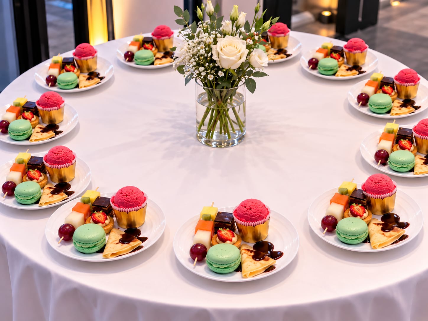 Assiettes de dessert dressées autour d'une table ronde : sorbet, macaron, brochette de fruits, tartelette et crêpe au chocolat
